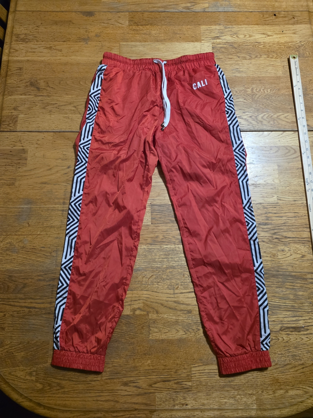 Retro 80's windbreaker red Forever 21 track pants with white and black stripes